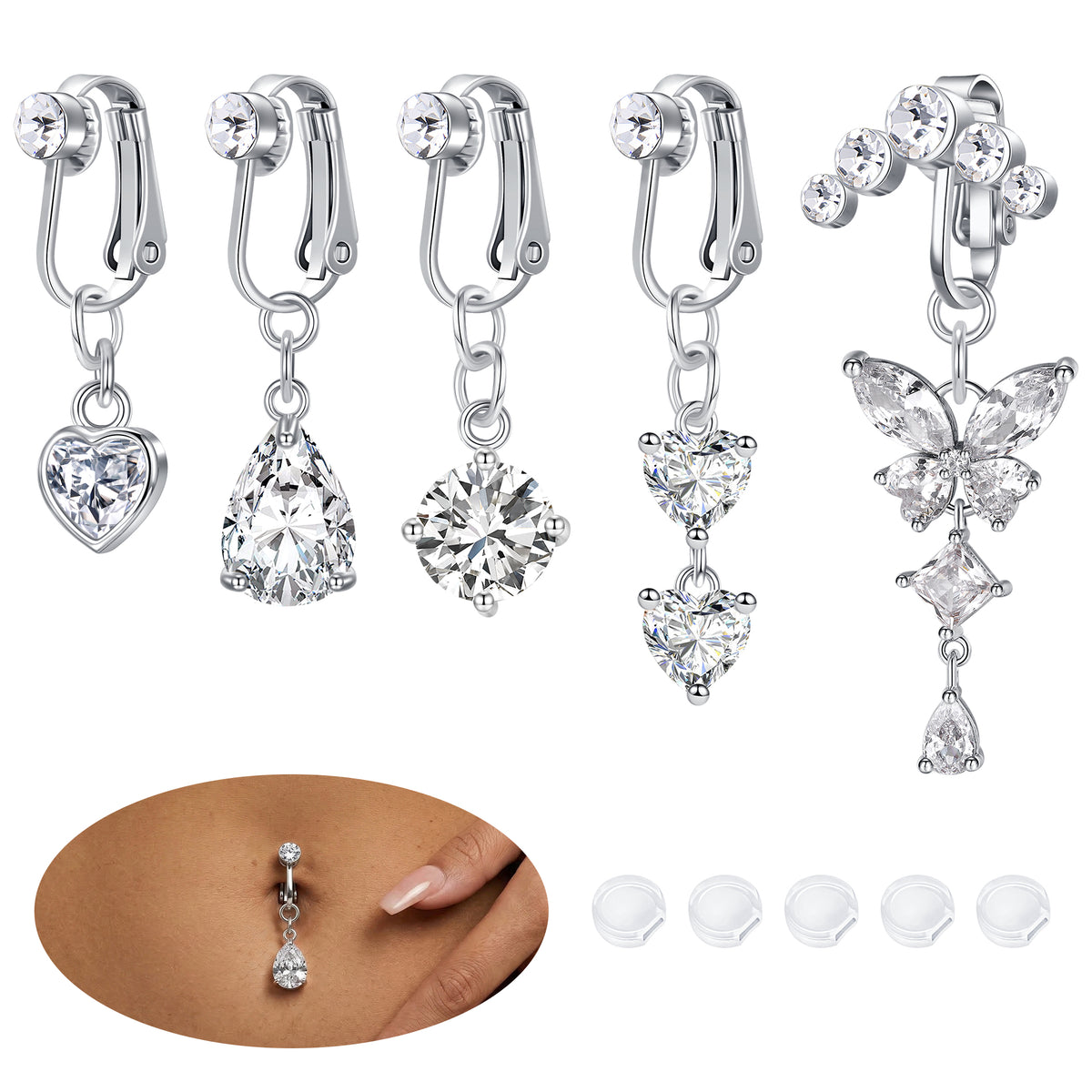 Fake Belly Button Ring Set,Clip-On Non-Piercing Navel Rings Belly Button Rings Tone CZ Cubic Zirconia Dangles for Women
