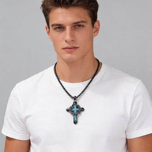 Men's Turquoise Cross Necklace | Gothic Punk Vintage Pendant
