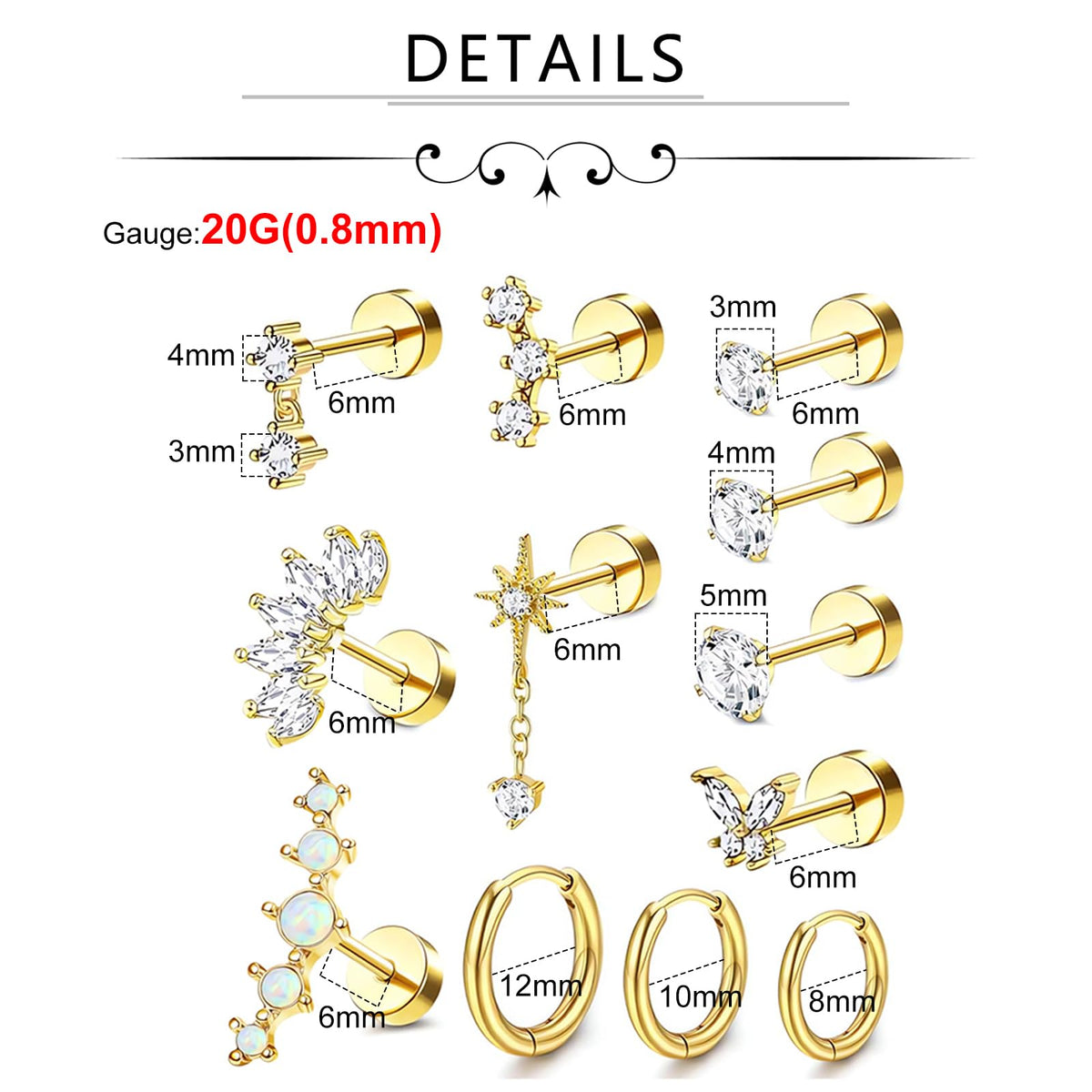 20G Flat Back Cartilage Earring Set
