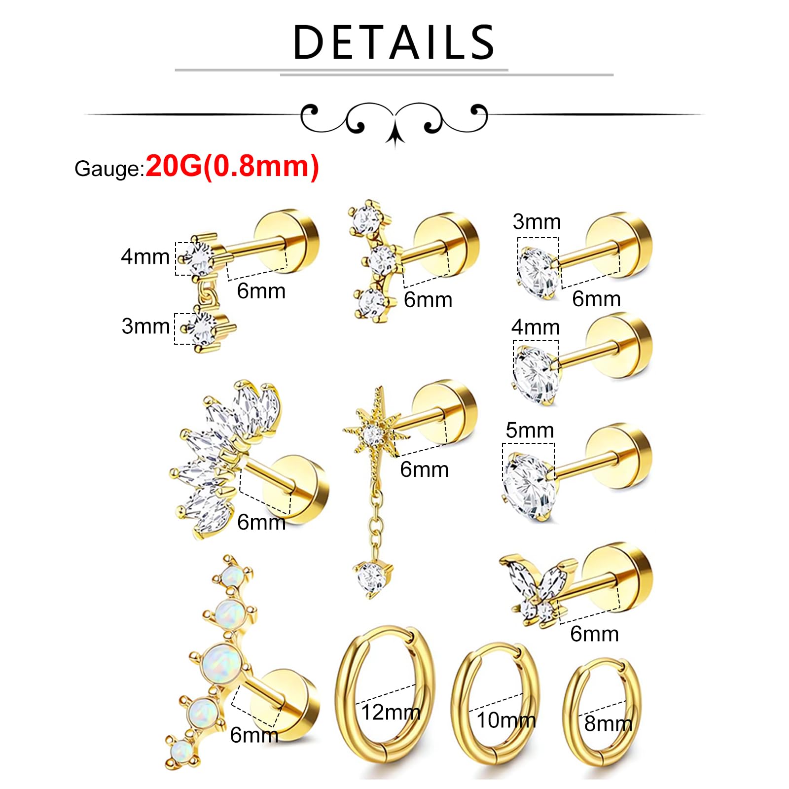 20G Cartilage Piercing Jewelry Flat back Helix Earrings