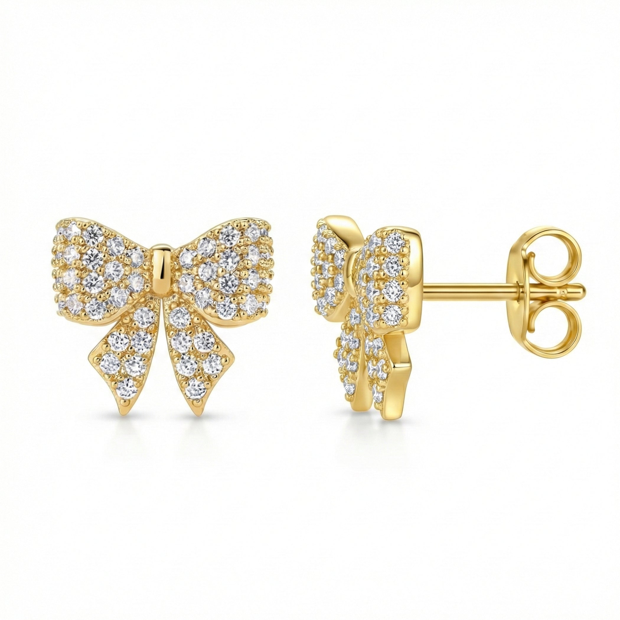 Women's 14K Gold Plated Mini Bow Stud Earrings with Cubic Zirconia, Dainty Coquette Ribbon Ear Jewelry