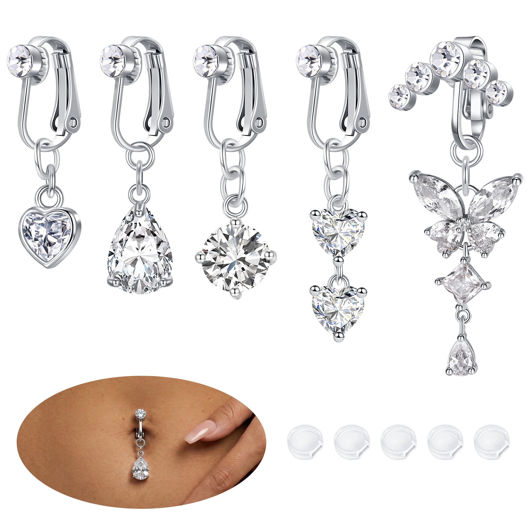 Fake Belly Button Ring Set,Clip-On Non-Piercing Navel Rings Belly Button Rings Tone CZ Cubic Zirconia Dangles for Women