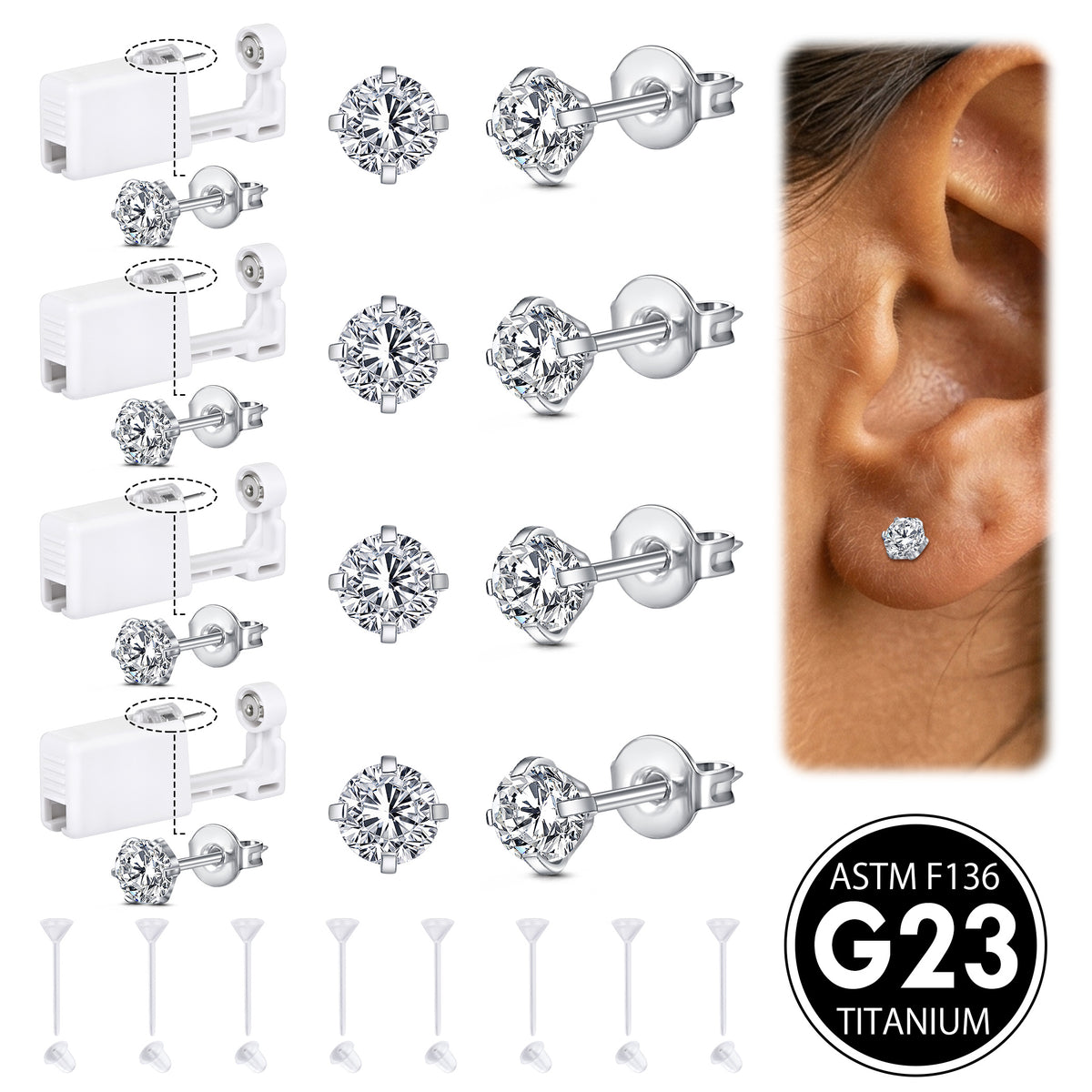 G23 Titanium Ear Piercing Kit,ASTM F136 Implant Grade 3mm 4mm CZ Studs for Sensitive Ears,4 Pack with 8 Clear Studs and 4 G23 Titanium Earring studs