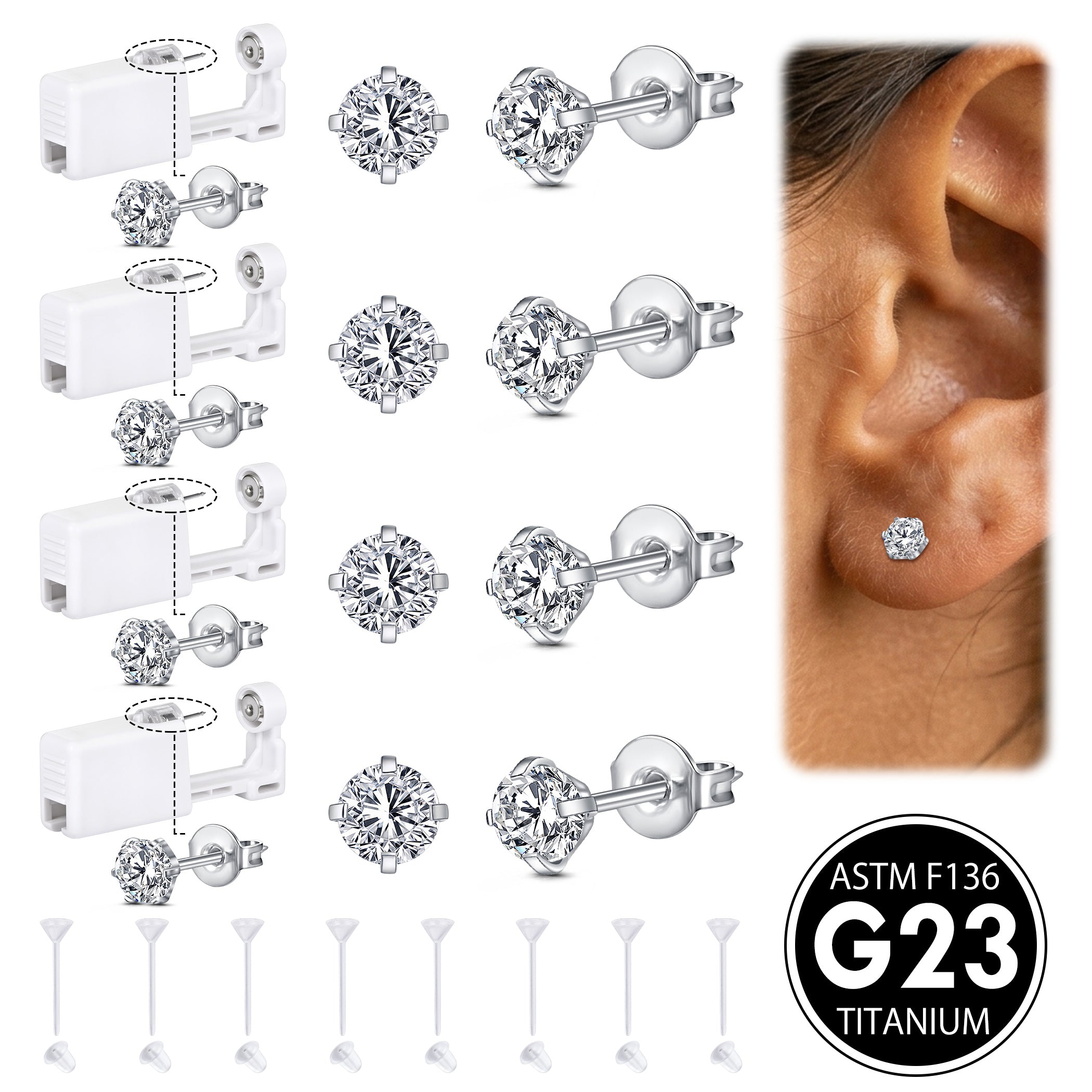 G23 Titanium Ear Piercing Kit,ASTM F136 Implant Grade 3mm 4mm CZ Studs for Sensitive Ears,4 Pack with 8 Clear Studs and 4 G23 Titanium Earring studs
