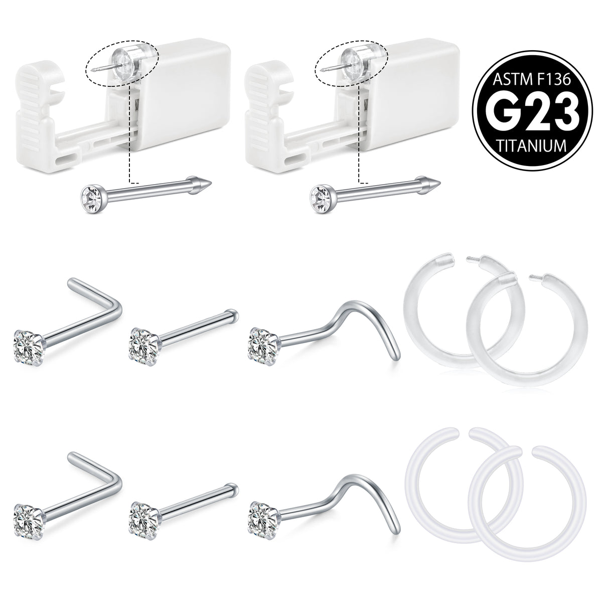 G23 Titanium Nose Piercing Gun Kit - 2Pcs G23 Titanium Self Nose Piercing Kit with 6Pcs G23 Titanium Nose studs and 4Pcs Clear Nose Hoop Rings