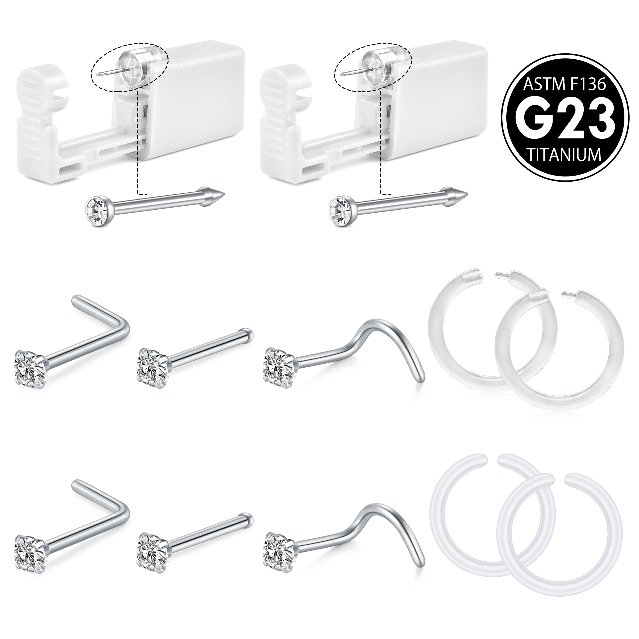 G23 Titanium Nose Piercing Gun Kit - 2Pcs G23 Titanium Self Nose Piercing Kit with 6Pcs G23 Titanium Nose studs and 4Pcs Clear Nose Hoop Rings