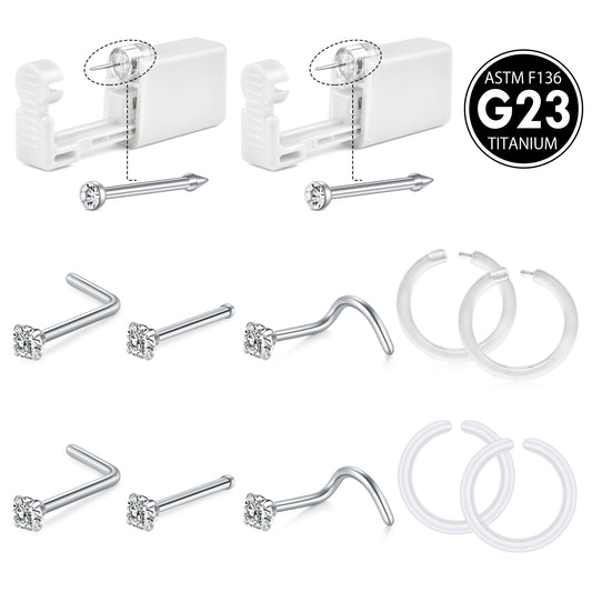 G23 Titanium Nose Piercing Gun Kit - 2Pcs G23 Titanium Self Nose Piercing Kit with 6Pcs G23 Titanium Nose studs and 4Pcs Clear Nose Hoop Rings